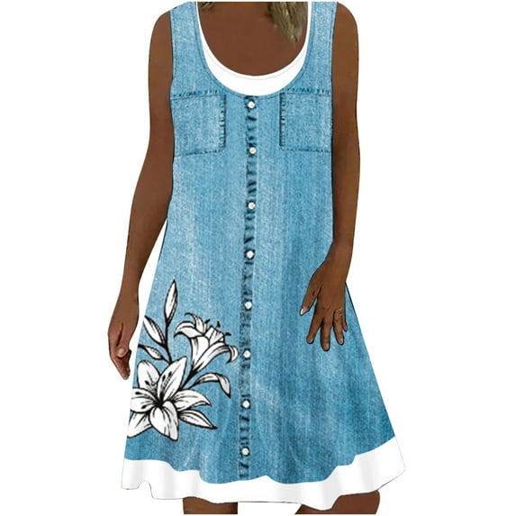Patlollav Womens Dresses 2024,Womens Summer Dresses Print Round Neck Dress Fake Two-Piece Sleeveless Dresses
