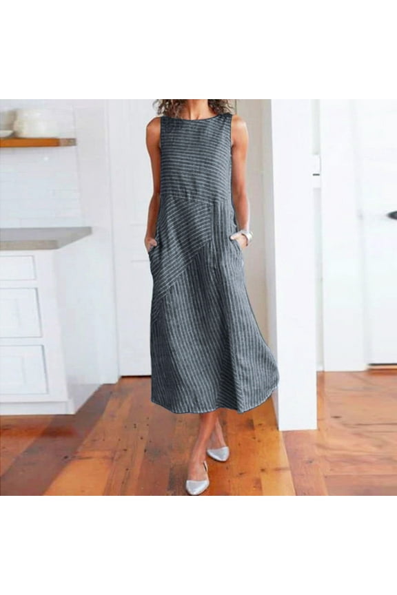 Womens Dresses Casual Striped Sleeveless Pockets Long Dress 2022