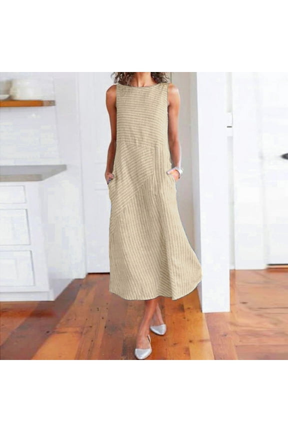 Womens Dresses Casual Striped Sleeveless Pockets Long Dress 2022