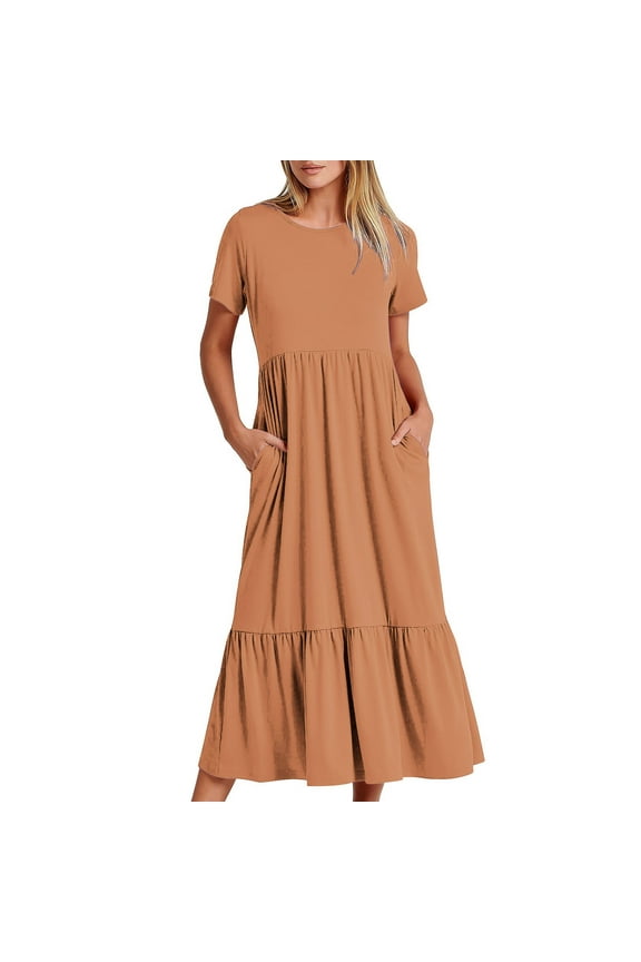 Womens Dresses,Women's Summer Dresses Short Sleeve Crewneck Casual Flowy Tiered Maxi Beach Dress