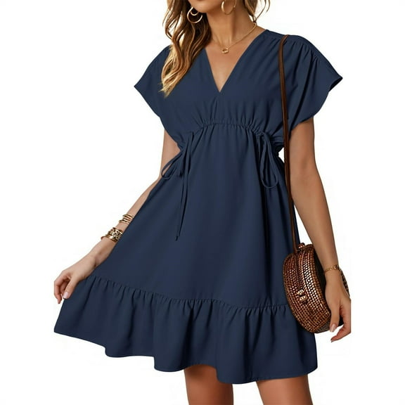 Patlollav Womens Dresses Short Sleeve V Neck Drawstring Casual Ruffle A-Line Mini Dress