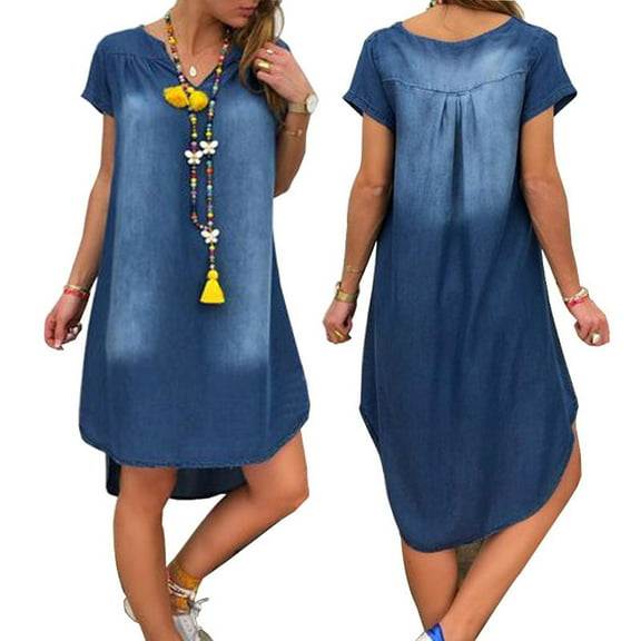 Patlollav Womens Dresses,Women Summer Casual V Neck Denim Long Party Dress Short Sleeve Swing Dress