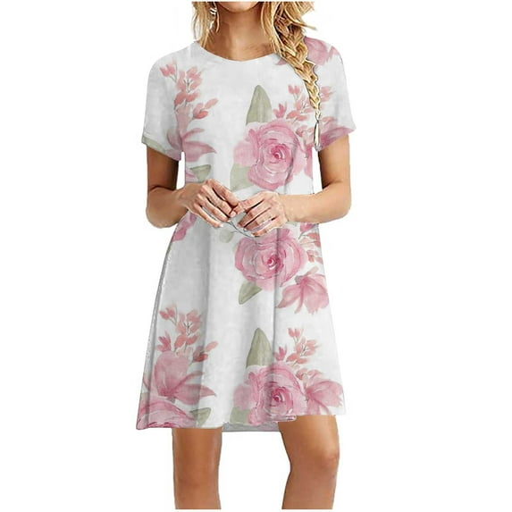 Patlollav Womens Dresses under $10,Women's Summer Printed Casual Short Sleeve Round Neck Knee Length Dresses