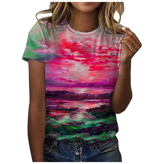 Patlollav Womens Dusk Printed T Shirt Casual Loose Short Sleeve Shirt Round Neck Tops