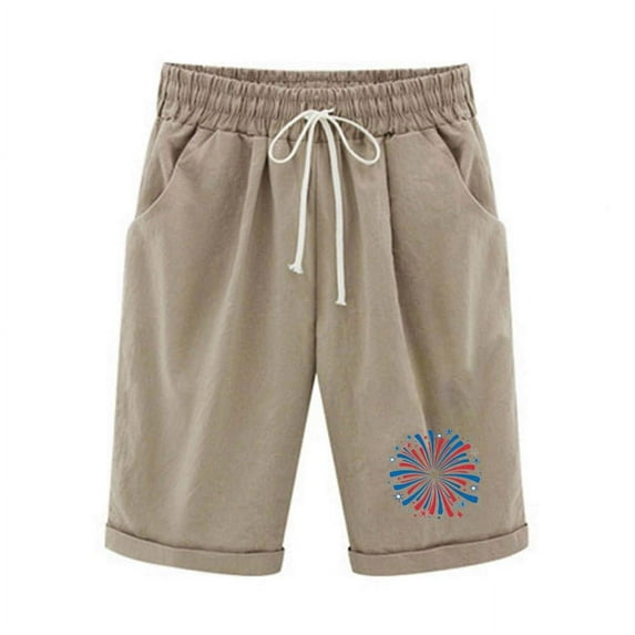 Patlollav Womens Elastic Waist Casual Comfy Cotton Linen Beach Shorts with Drawstring Knee Length Shorts
