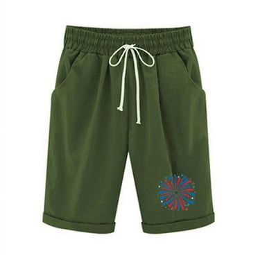 Patlollav Womens Elastic Waist Casual Comfy Cotton Linen Beach Shorts with Drawstring Knee Length Shorts