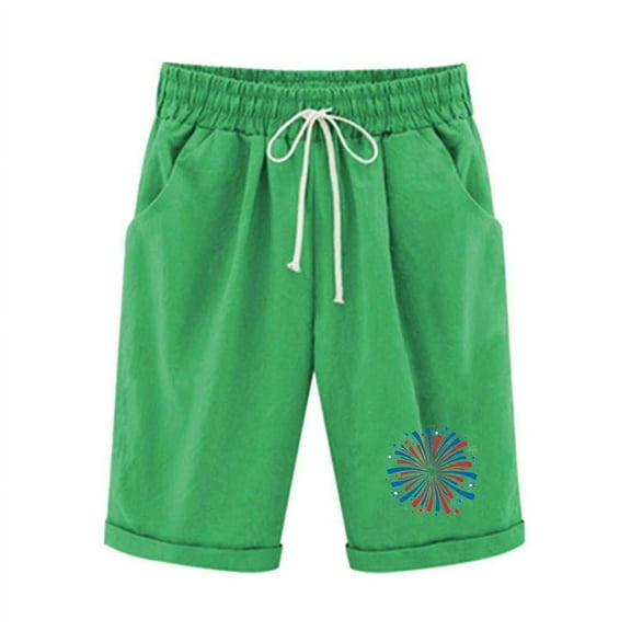 Patlollav Womens Elastic Waist Casual Comfy Cotton Linen Beach Shorts with Drawstring Knee Length Shorts