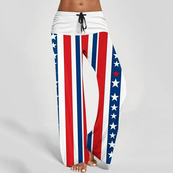 Patlollav Womens Elastic Waist Independence Day Casual Printed Tie Straight Pants