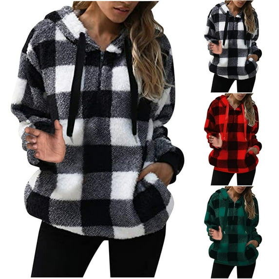 Patlollav Womens Fashion Casual Colorful Pullover Hooded Plaid Long Sleeve Plush Tops