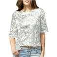 thumbnail image 1 of Patlollav Womens Fashion Half Sleeve Round Collar Print T-Shirt Blouse Sequin Loose Tops, 1 of 6
