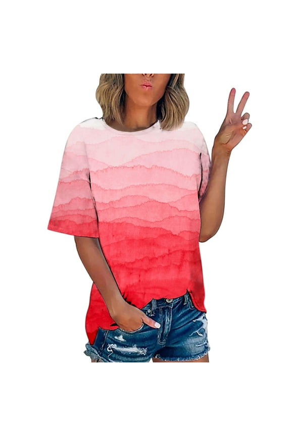 Womens Fashion Print T-Shirt Short Sleeve Blouse Round Neck Casual Tops on Ladies