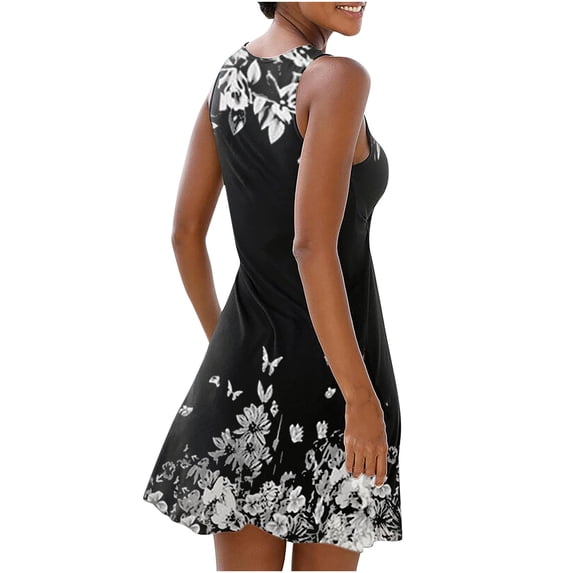 Patlollav Womens Fashion Vintage O-Neck Sleeveless Round Button Dresses Rollback and Clearance Flower Dress