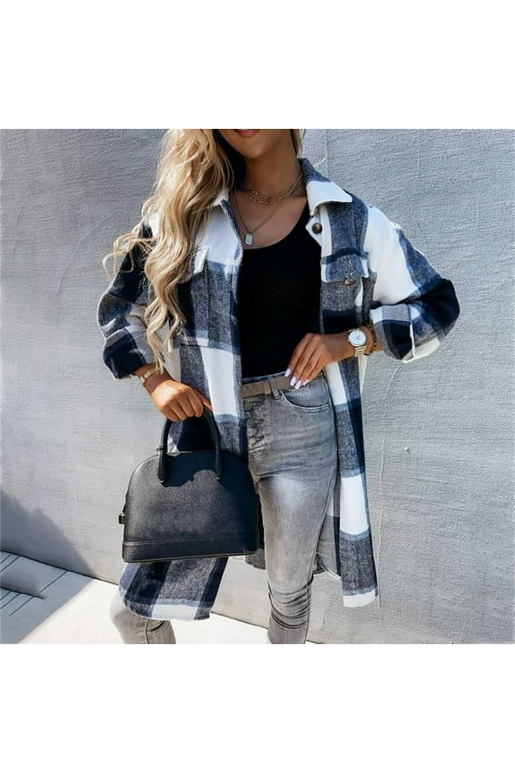 Womens Fashion Winter Plush Warm Red Plaid Pocket Button Woolen Jacket Top