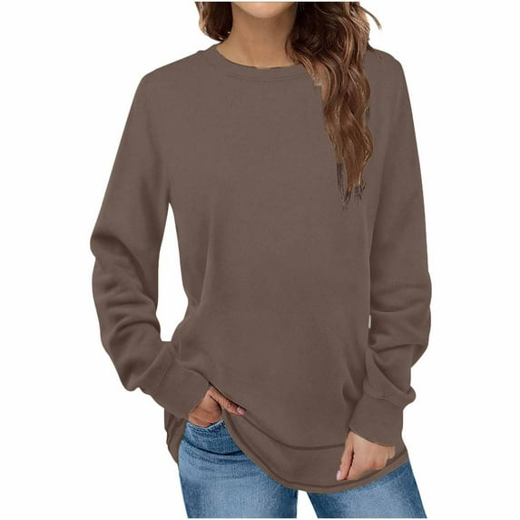 Patlollav Womens Fashion Winter Solid Round-Neck Pullover Long Sleeve Tops
