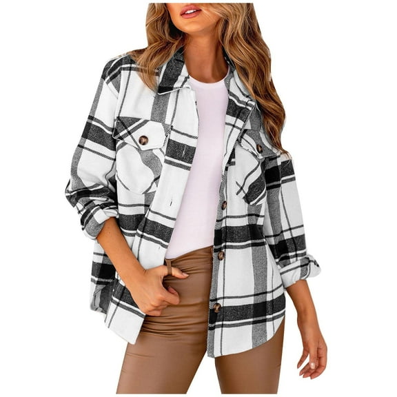 Patlollav Womens Full Sleeve Plaid Print Turndown Collar Outwear Jackets