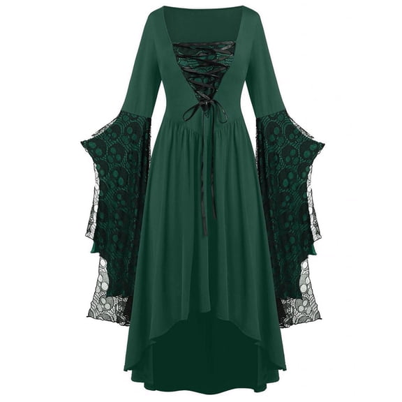 Patlollav Womens Halloween Dresses Lace Print Strap Vintage Knee Length Dress Long Sleeve V-Neck Mid Calf Dress