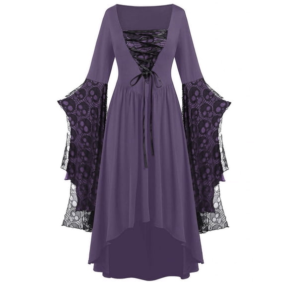 Patlollav Womens Halloween Dresses Lace Print Strap Vintage Knee Length Dress Long Sleeve V-Neck Mid Calf Dress