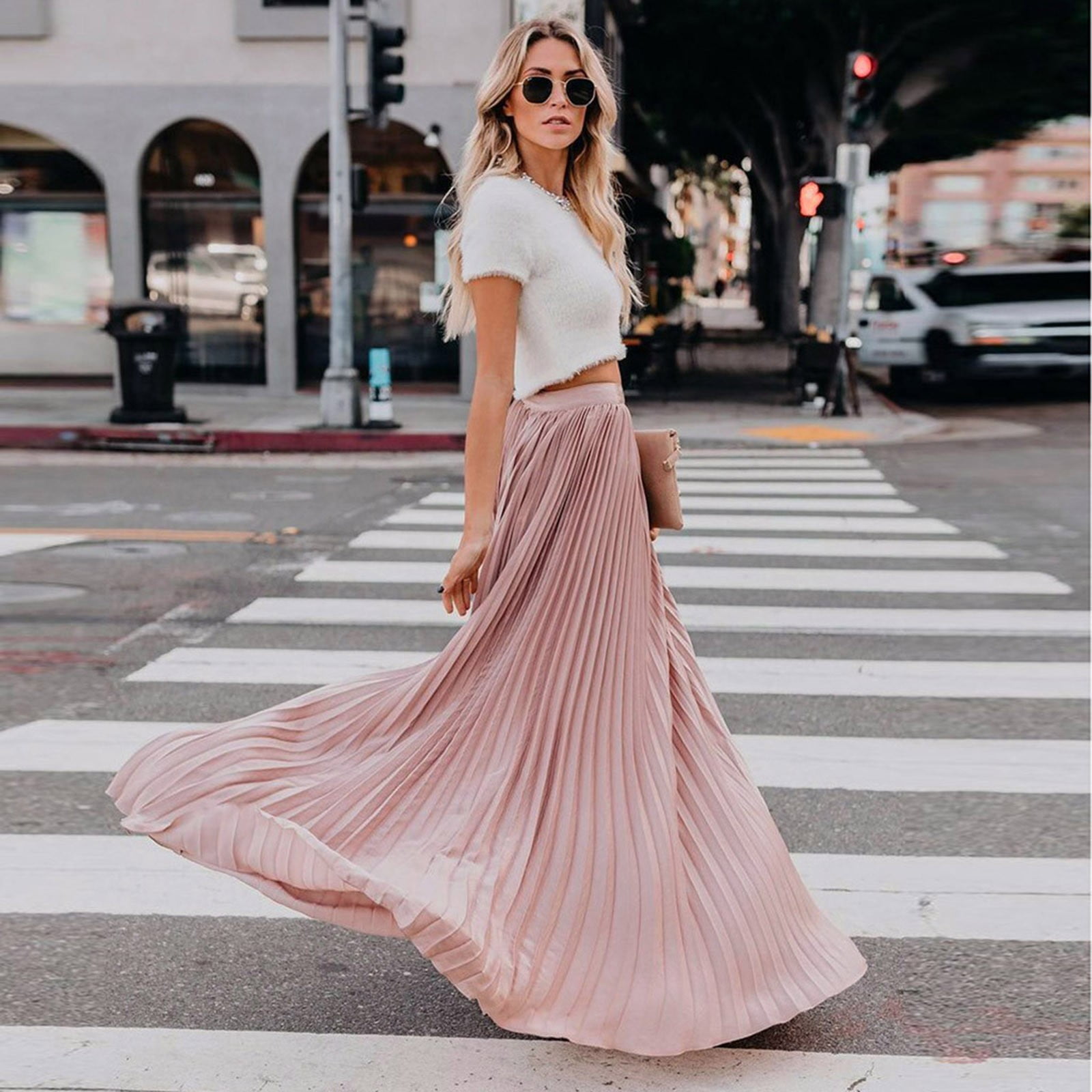 Pleated Skirt Long Skirt Crop Top Pink Peach Pleated Maxi Skirt