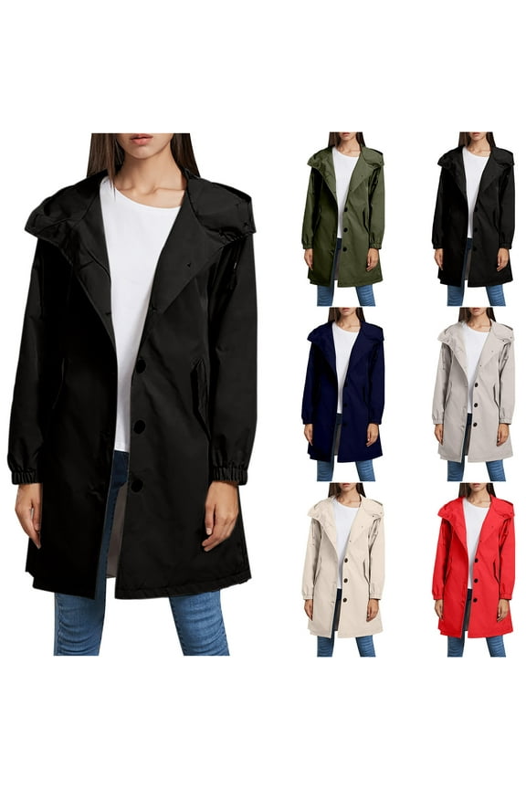 Womens Hooded Windbreaker Long Coat Long Sleeve Outdoor Wind and Rain Coat