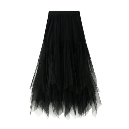 Patlollav Womens Irregular Long Tulle Skirts Elastic High Waist Mesh Tulle Tutu Maxi Skirt