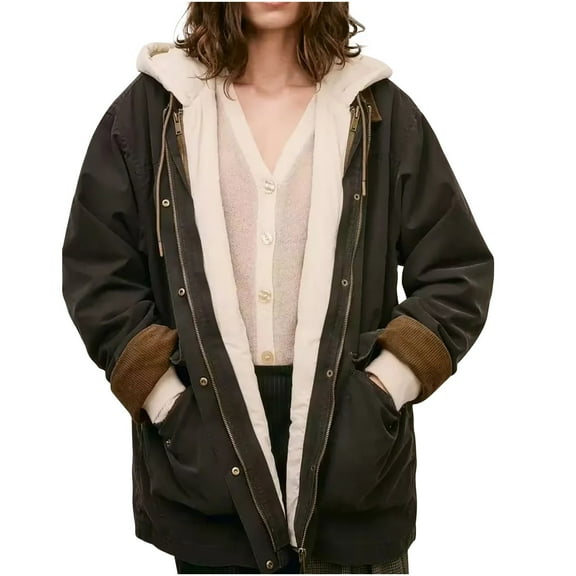 Patlollav Womens Jackets,Ladies Hooded Pocket Zippered Jacket Thermal Jacket Long Sleeve Coat