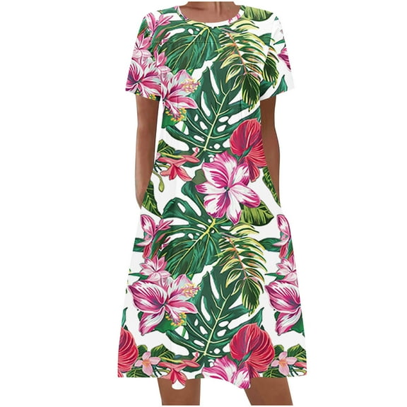 Patlollav Womens Knee Length Dress Summer Bohemian Print Short Sleeve Beach Dress