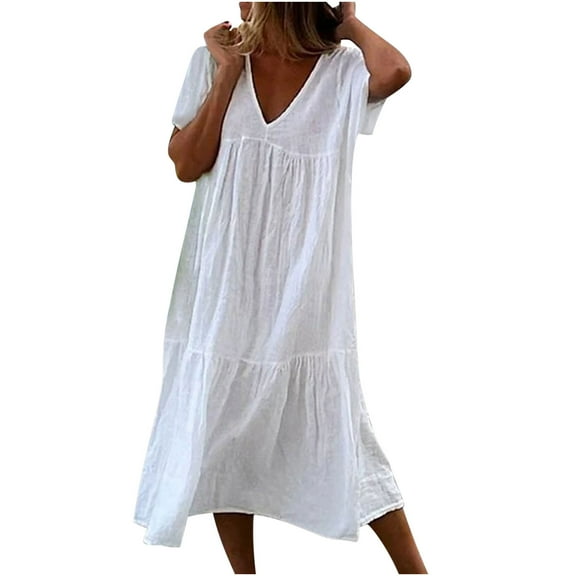 Patlollav Womens Long Dress Casual Looes V-Neck Short Sleeve Solid Pleated Dresses