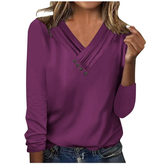 Patlollav Womens Long Sleeve Tops V Neck Sexy Casual 95% Polyester 5% Spandex Blouse