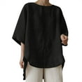 thumbnail image 1 of Patlollav Womens Loose Cotton Linen Shirts Round Neck Solid Tunics Casual Short Sleeve Tops, 1 of 6