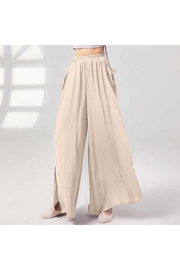 Womens Loose Pants Solid Color Casual Pleated Ribbon Split Straight Leg Wide Leg Pants Yoga Leggings