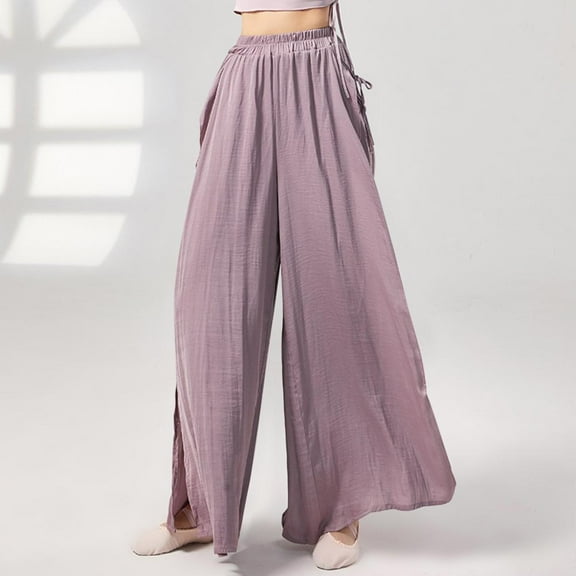 Patlollav Womens Loose Pants Solid Color Casual Pleated Ribbon Split Straight Leg Wide Leg Pants Yoga Leggings