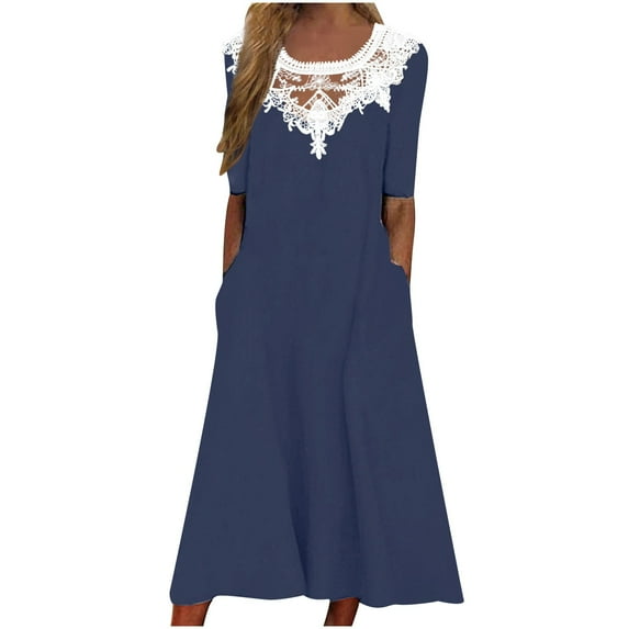 Patlollav Womens Maxi Dress,Women Summer Solid Color Causal Round Neck Short Sleeve Vacation Dress