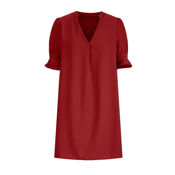 Patlollav Womens Maxi Dress,Women's V-Neck Shirt Dress Solid Color Straight-Leg Casual Lace Short-Sleeve Dress