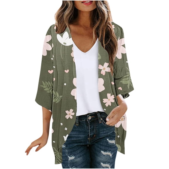 Patlollav Womens Multicolor Cardigans Fall Summer 3/4 Sleeve Tops Ladies Chiffon Cardigan with Pocket
