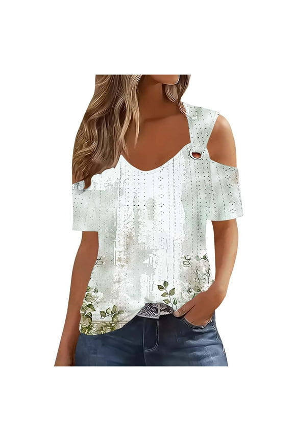Womens New Short-Sleeved Off-The-Shoulder Cutout Casual Printed Tops