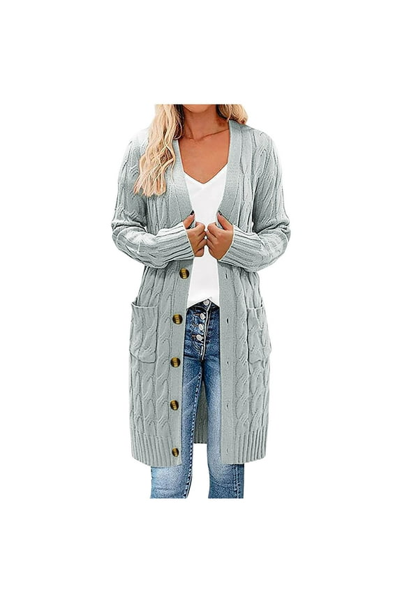 Womens Outerwear Clearance Cable Knit Long Cardigan Open Front Button Sweater