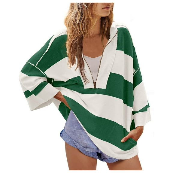 Patlollav Womens Oversized Striped Shirt Half Zip Sweatshirt Color Block V Neck Tops Winter Pullover