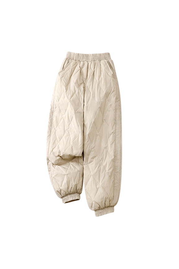 Womens Pants Diamond Checkered Elastic Waist Warm Jacket Cotton Wide Leg Cotton Pants