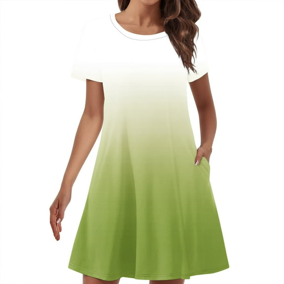 Patlollav 2025 Dresses for Womens Summer Gradient Color Double Pocket Short Sleeve Round Neck T-Shirt Dress