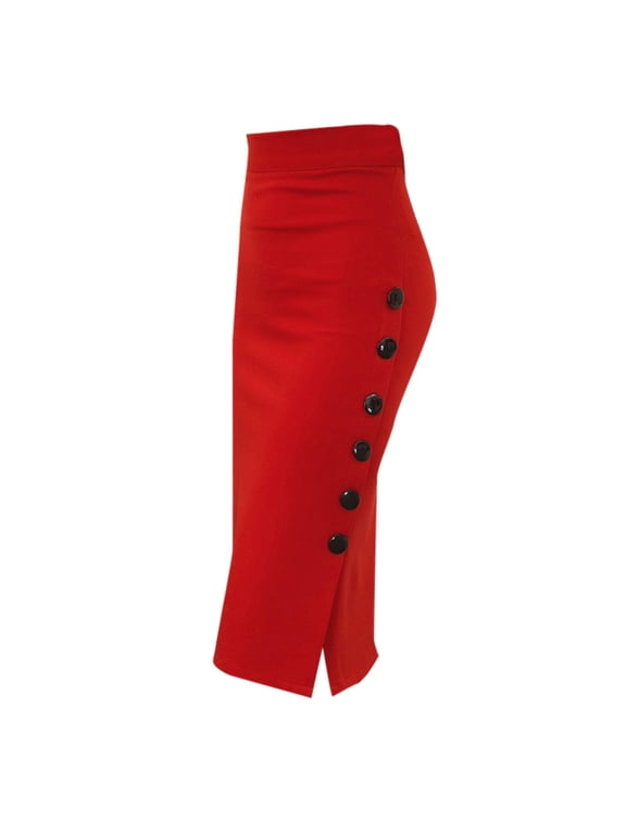 Patlollav Womens Pencil Skirt Ladies High Waisted Button Split Office Skirt Multiple Size