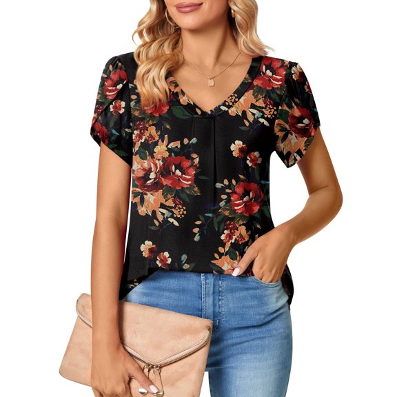 Patlollav Womens Petal Sleeve Tops V-Neck Short Sleeve T-Shirts Cute Print Summer Blouses