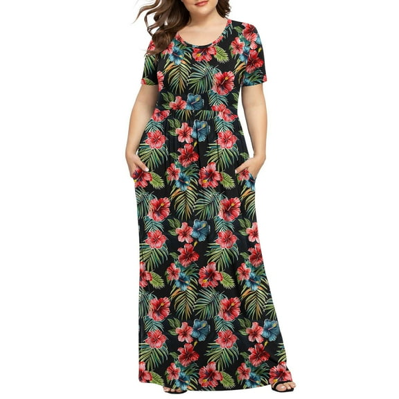 Patlollav Womens Plus Dresses Printed Casual Short Sleeve Round Neck Pleated Pocket and Ankle Dress