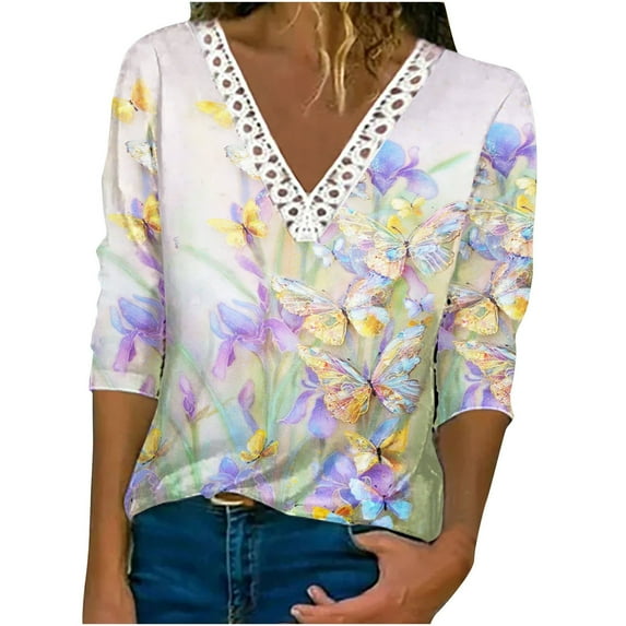 Patlollav Womens Plus Size Blouse Fashion Lace Long Sleeve V-Neck Casual Tops