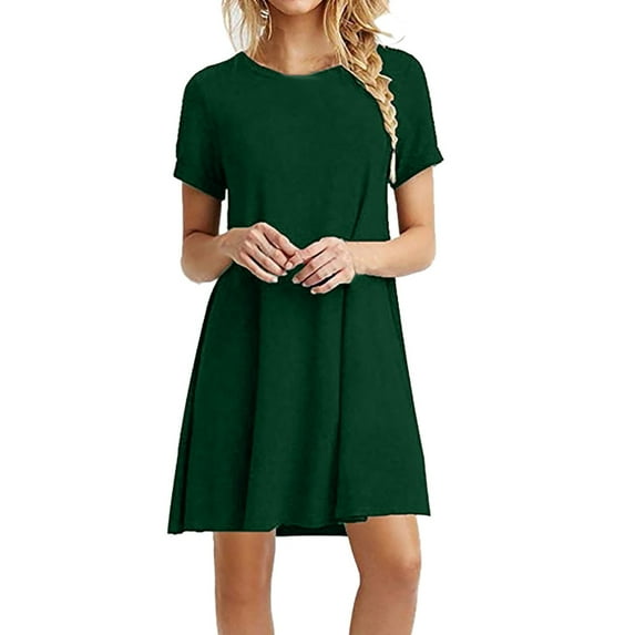 Patlollav Womens Plus Size $5 Dresses Casual Short Sleeve O-Neck Solid Ladies Loose Mini Dresses