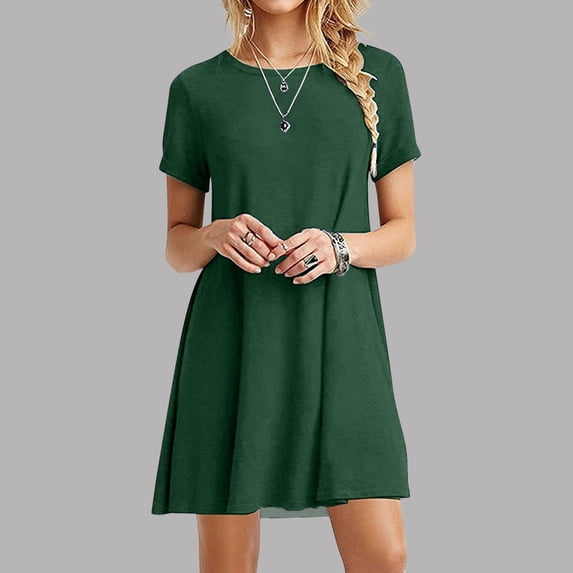 Patlollav Womens Plus Size $5 Dresses Casual Short Sleeve O-Neck Solid Ladies Loose Mini Dresses