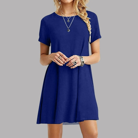 Patlollav Womens Plus Size $5 Dresses Casual Short Sleeve O-Neck Solid Ladies Loose Mini Dresses