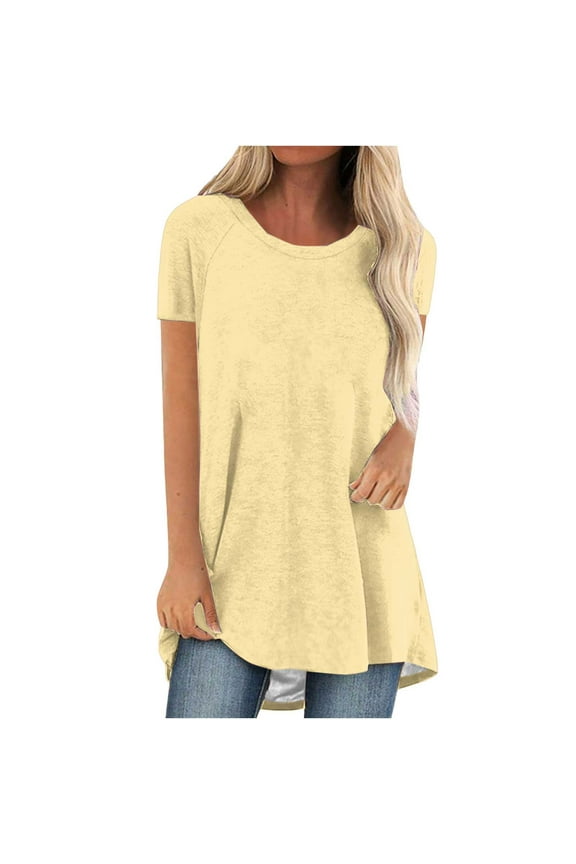 Womens Plus Size $5 T-Shirts Long Shirt Short Sleeve Summer O-Neck Casual Basic Tunic Tops