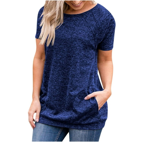 Patlollav Womens Plus Size Casual Round Neck Short Sleeve Solid Ladies Tops Blouse