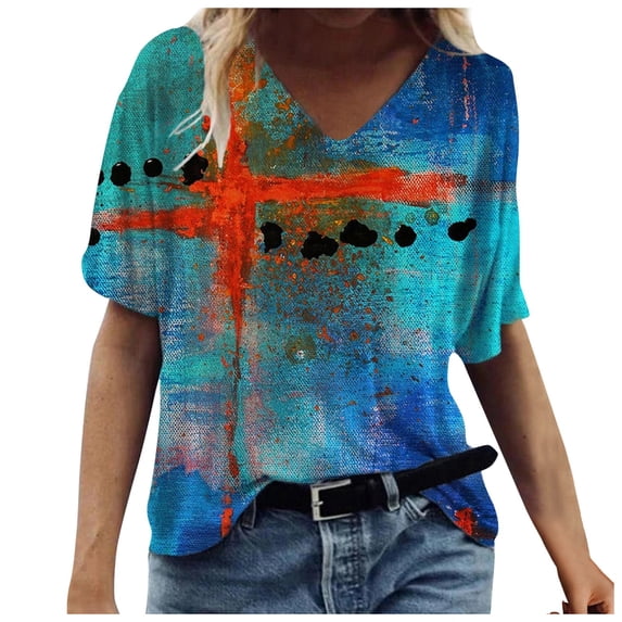 Patlollav Clearance Deals Womens Summer Print Short Sleeve Crew-Neck T-Shirt Casual Tee Tops
