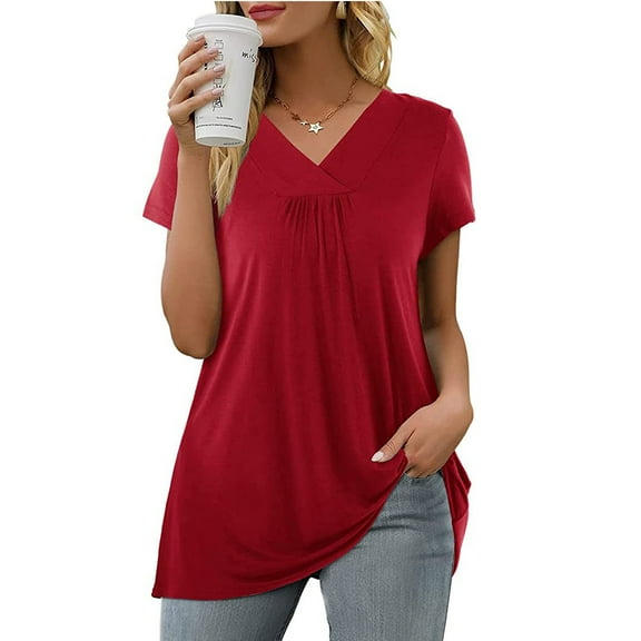 Patlollav Womens Plus Size Summer V-Neck Short Sleeve Solid Casual T-Shirt Blouse